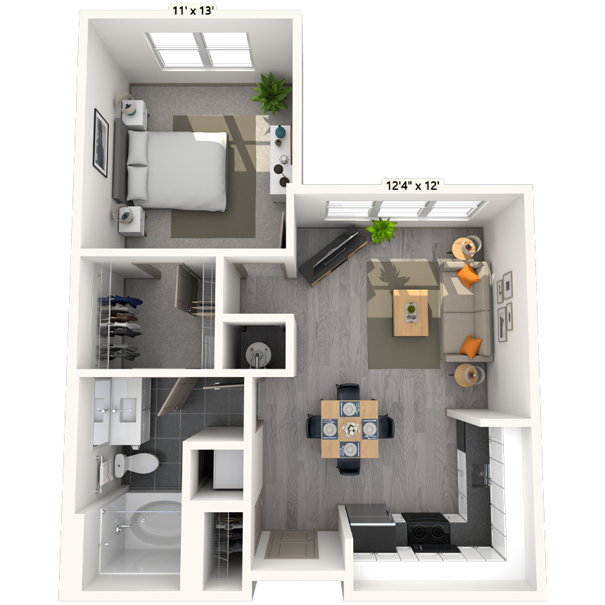 Floor plan for 1 bed, 1 bath, 680 sqft